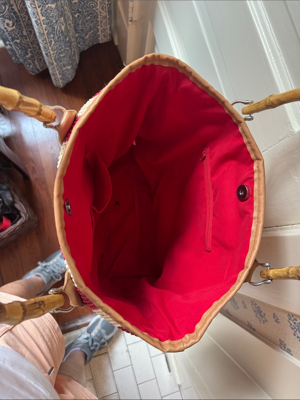 Striped Red and Cream Bamboo-Handle Tote Bag - Picture 3 of 7